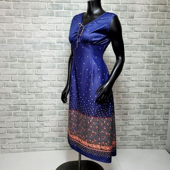 Vintage 50s Handmade Blue Floral Empire Waist Sleeveless Nylon Dress Pinup - Picture 5 of 6